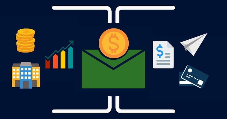 Money going inside an envelope with assets on one side and liabilities on the other.